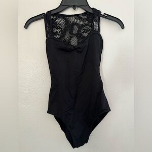 Classic Black Leotard with Lace Backing and Pinch Front